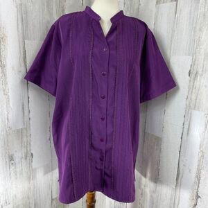 Brylane Woman Women's Plus Size Purple Pleated Button‎ Up Shirt Short Sleeve 24W